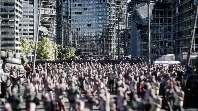 horror zombie crowd walking. Destroyed city. Apocalypse view, concept. Realistic 4K animation. Aerial