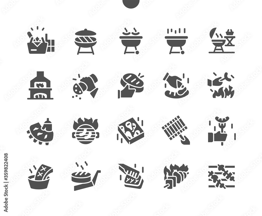 Poster barbecue well-crafted pixel perfect vector solid icons 30 2x grid for web graphics and apps. simple 