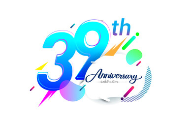 39th years anniversary logo, vector design birthday celebration with colorful geometric background, isolated on white background.
