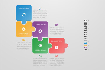 Puzzle infographic concept design with 5 options or steps. Can be used for brochure, business, web design, annual report, flow charts, diagram, presentations.