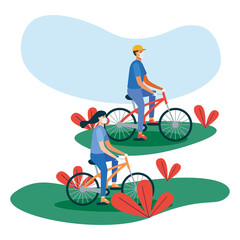 Man and woman with medical mask on bike vector design