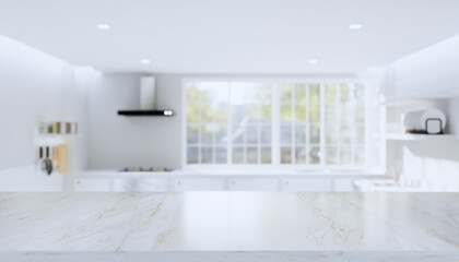 kitchen interior background with counter or table. Decoration with marble or natural stone at top surface look clean and modern. With empty or copy space for mock up or product display. 3d render.