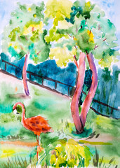 Children's watercolor drawing "Summer landscape with flamingos"