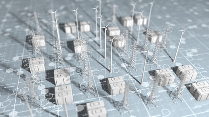 Renewable energy battery farm technology wind farm power generation - illustration 3D render