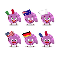 Purple clam cartoon character bring the flags of various countries