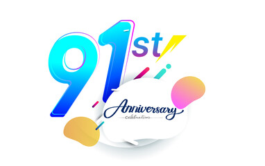 91st years anniversary logo, vector design birthday celebration with colorful geometric background, isolated on white background.