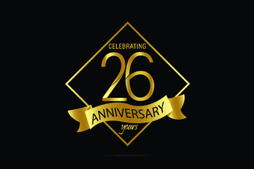 Obraz premium 26 year anniversary Luxury Black Gold jubilee, Ribbon greeting card. Birthday invitation. Gold space vector illustration on black background - Vector