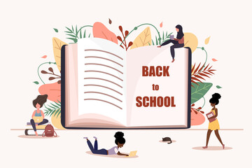 Back to school background. Girls reading a book in her hands. Smart students. Exam. Modern vector illustration in flat style.