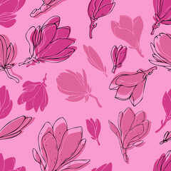 vector botanical seamless pattern, silhouettes of pink magnolia flowers on a delicate background with contour, cute ornament