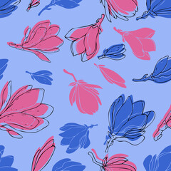 vector botanical seamless pattern, silhouettes of pink and blue magnolia flowers on a gentle blue background with contour, cute ornament