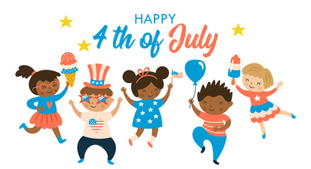 Cute children characters celebrating 4th of July, USA Independence day. Childish print for card, stickers and party invitations. Vector illustration