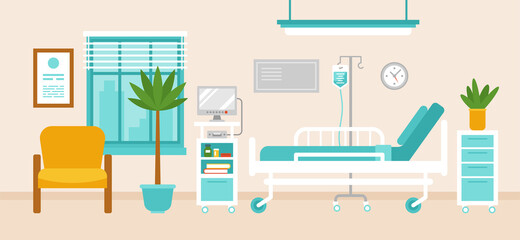 Hospital room interior with hospital bed, medical equipment, monitor and furniture.