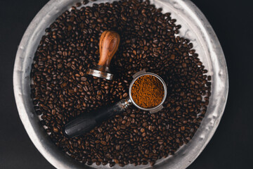Roasted coffee and coffee in the coffee bean background