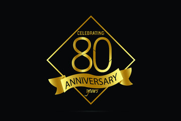 80 year Luxury Black Gold anniversary jubilee, Ribbon greeting card. Birthday invitation. Gold space vector illustration on black background - Vector