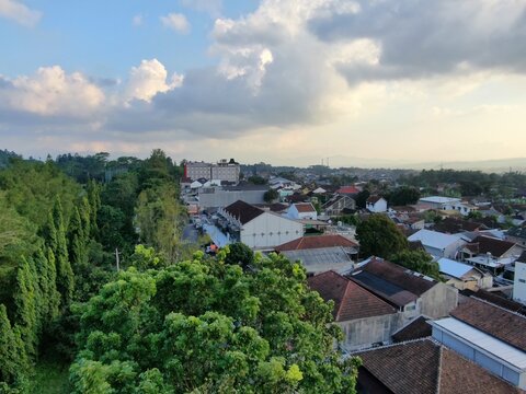 Evening view from a photo of a drone in the city of Magelang, Central Java, Indonesia