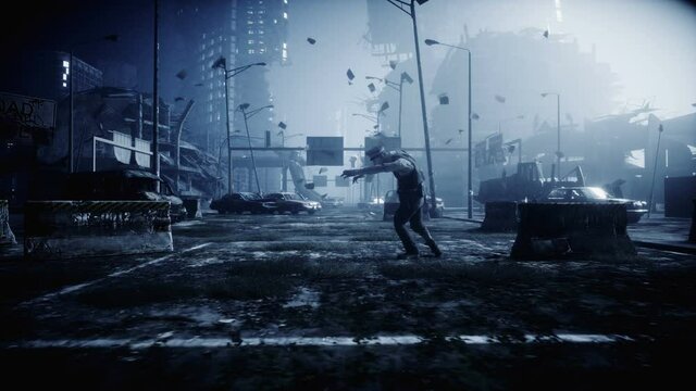 Police zombie in dark destroyed city. Fog dramatic night. Zombie apocalypse concept. Realistic 4k animation.
