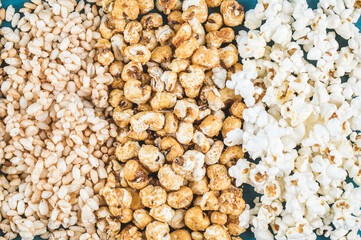 Popcorn , caramel corn and wheat corn snackes