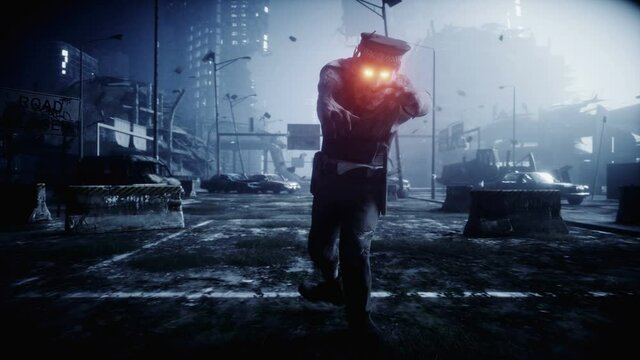 Police zombie in dark destroyed city. Fog dramatic night. Zombie apocalypse concept. Realistic 4k animation.