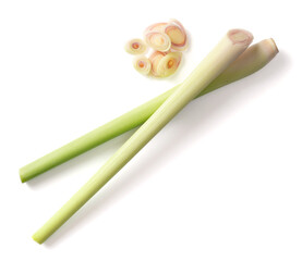 fresh lemongrass stems isolated on white background, top view