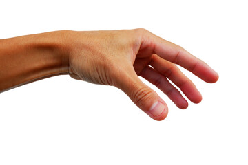 close up of hand reach out for catch somthing on white background.