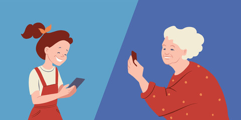 Senior woman and girl talking with smartphones. Family generations coummunicating online. Grandmother and granddaughter cartoon characters. Vector illustration.