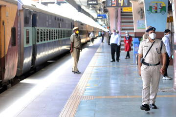 Jaipur,Rajasthan,India_May-2020. Corona warrior cop at work at Jaipur Railway Station,India. Masked...