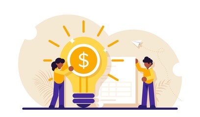 Concept of business idea of increasing profit, income, earnings, revenue. Businesswoman, glowing lightbulb with dollar coin inside and document with table. Modern flat illustration.