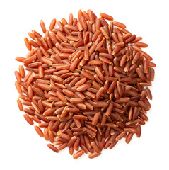 heap of raw red long-grained rice isolated on white background, top view