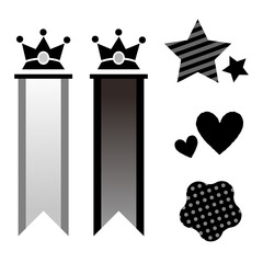 王冠の付いた縦型の旗、星やハートのアイコン