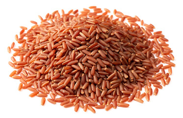 heap of raw red long-grained rice isolated on white background