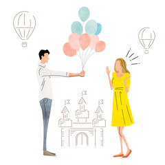 Stock illustration: young couple handing over balloons
