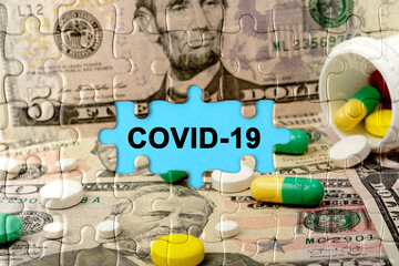 Double exposure. Puzzles depicting pills and dollars with the inscription -COVID-19