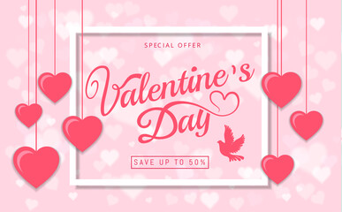 Valentines Day sale greeting card banner Beautiful invitation with pink heart frame on pink background and lettering. Wallpaper, flyers, invitation, posters, brochure, banners. Vector illustration