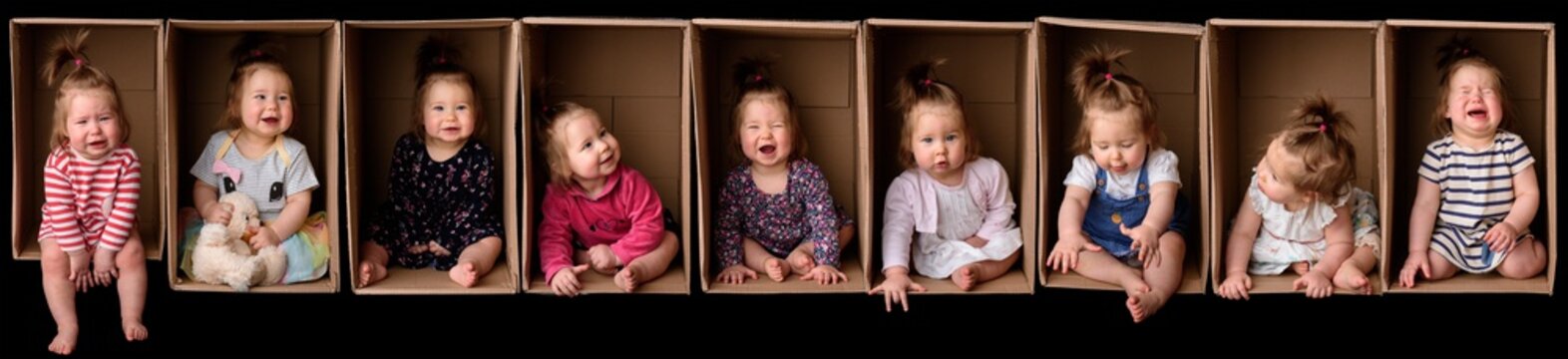Collage of 9 photos with a little girl in a cardboard box. The girl expresses different emotions and is dressed in different clothes