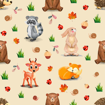 Hand painted seamless pattern with watercolour forest animals, ladybugs, leaves and nuts. Great for fabric and textiles.