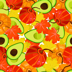 Bright seamless pattern of autumn pumpkins, avocado and maple leaves. Vector hand drawing.