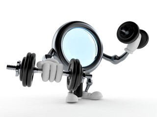 Magnifying glass character with dumbbells