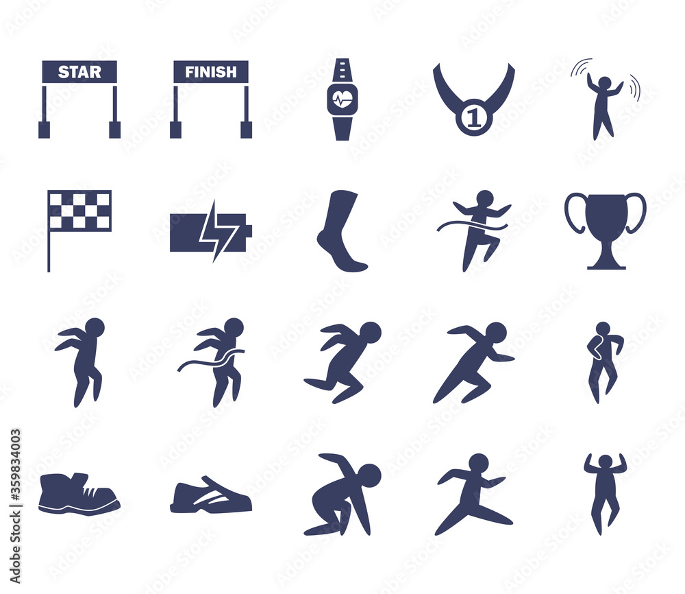 Poster running silhouette style icon set vector design
