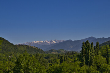 View through the valley near the town Martvili on the Greater Caucasus Mountains, Samegrelo Zemo Svaneti, Georgia.