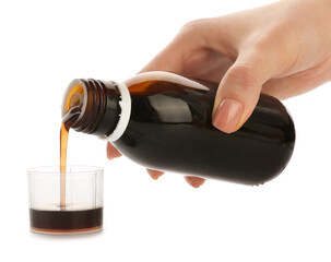 Female hand pouring cough syrup from bottle into cup on white background