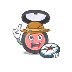 Pink blusher mascot design style of explorer using a compass during the journey
