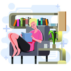 girl sit on sofa reading book concept