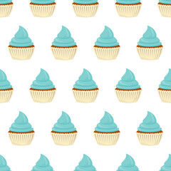 Festive cupcake seamless pattern. Sweets with cream, muffin, festive dessert, confectionery. Flat style. Vector.