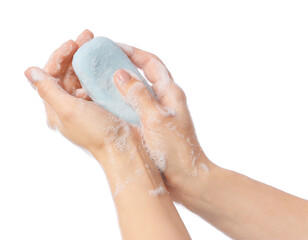 Woman washing hands on white background