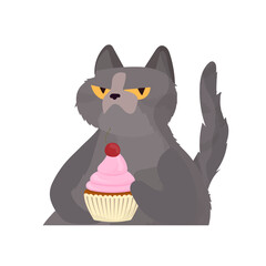 Funny cat holds a festive cupcake. Sweets with cream, muffin, festive dessert, confectionery. Good for cards, t-shirts and stickers. Flat style. Vector.