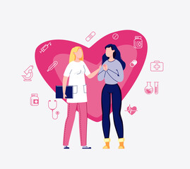 The concept of medicine and healthcare. The doctor reassures the patient. Doctor and patient. Cardiologist talking to a woman. Background big heart. Vector illustration in flat cartoon style.