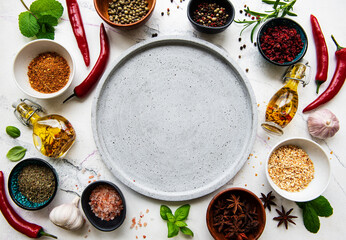 Empty plate and frame of spices