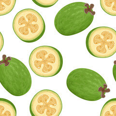 Feijoa seamless pattern. Tropical sweet fruits isolated on white. Food background. Vector illustration in cartoon flat style.
