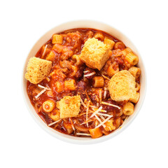 Bowl with tasty pasta and beans on white background