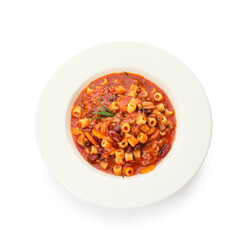 Bowl with tasty pasta and beans on white background